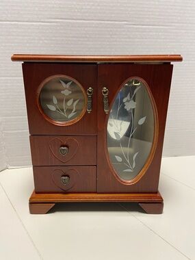 Vintage wooden Jewelry Box 80’s 90’s organizer with etched floral glass doors